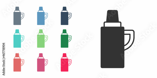 Black Thermos container icon isolated on white background. Thermo flask icon. Camping and hiking equipment. Set icons colorful. Vector