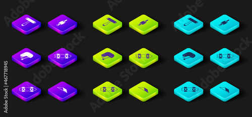 Set Skateboard, park, helmet, Longboard or skateboard, Screwdriver and T tool icon. Vector