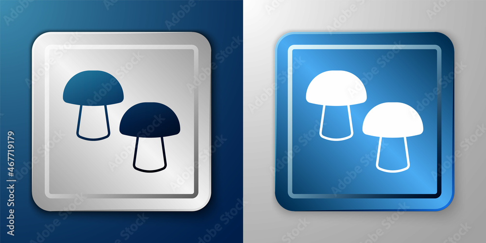 White Mushroom icon isolated on blue and grey background. Silver and blue square button. Vector White Mushroom icon isolated on blue and grey background. Silver and blue square button. Vector