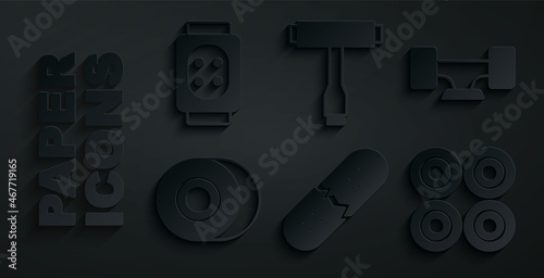 Set Broken skateboard deck, Skateboard wheel, T tool and Knee pads icon. Vector