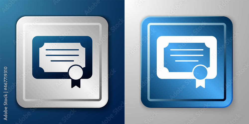White Certificate template icon isolated on blue and grey background. Achievement, award, degree, grant, diploma concepts. Silver and blue square button. Vector White Certificate template icon isolated on blue and grey background. Achievement, award, degree, grant, diploma concepts. Silver and blue square button. Vector