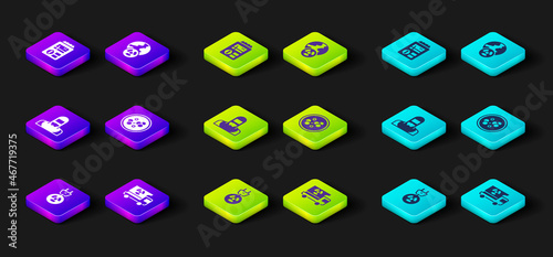 Set Radiation electrical plug, Truck with radiation materials, Nuclear reactor worker, Molecule, Planet earth and and Dosimeter icon. Vector