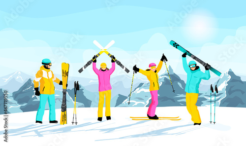 Winter mountain landscape with skiers. Happy man and woman stands with skis with Alps in background. Blue sky, tops of rocks on background. Winter sport activities. Skiing resort. Vector illustration