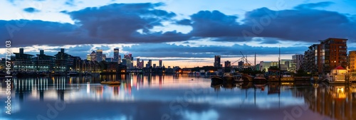 London skyline panorama of river Thames overlooking Canary Wharf at sunrise. England © Pawel Pajor
