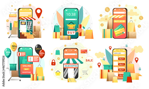 Collection set of colorful vector illustration of mobile retail online shopping concept. Smartphone with marketplace, digital store, supermarket application on screen. Purchase and payment in app.