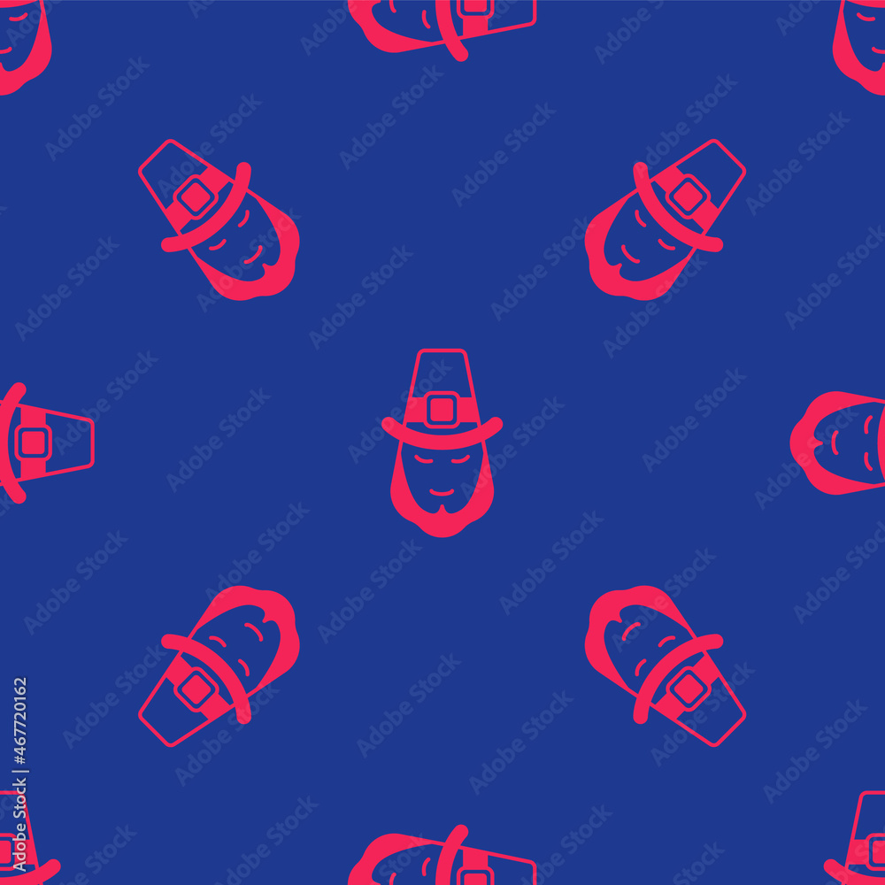 Red Leprechaun icon isolated seamless pattern on blue background. Happy Saint Patricks day. National Irish holiday. Vector