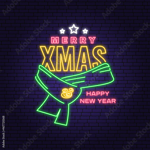 Merry Christmas and Happy New Year neon sign with Santa Claus winter scarf. Vector Vintage typography design for xmas, new year 2022 emblem in retro style. Santa Claus red scarf.