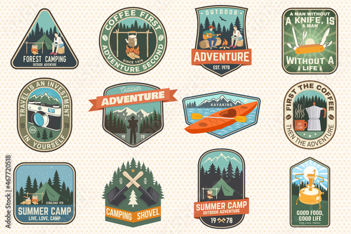 Summer camp with design elements. Vector illustration. Camping and outdoor adventure emblems. Typography design with retro camping tea kettle, pocket knife, camping tent and forest silhouette.