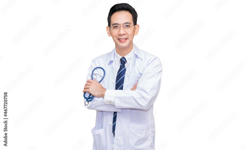 Portrait of a smart doctor stands in a position of confidence. Happy and smiling, wearing a uniform and holding a stethoscope in hand on white background with Clipping path in health care concept. Portrait of a smart doctor stands in a position of confidence. Happy and smiling, wearing a uniform and holding a stethoscope in hand on white background with Clipping path in health care concept.