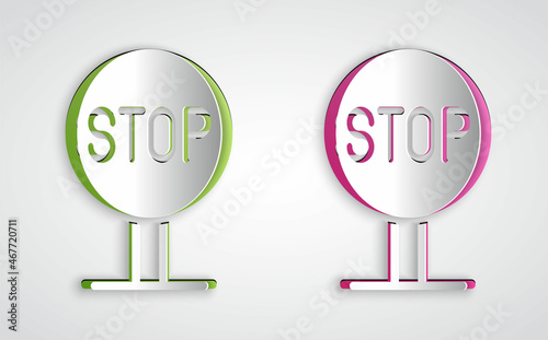 Paper cut Stop sign icon isolated on grey background. Traffic regulatory warning stop symbol. Paper art style. Vector