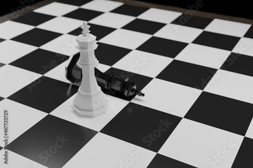 Low poly chess set on the board. 3D illustration
