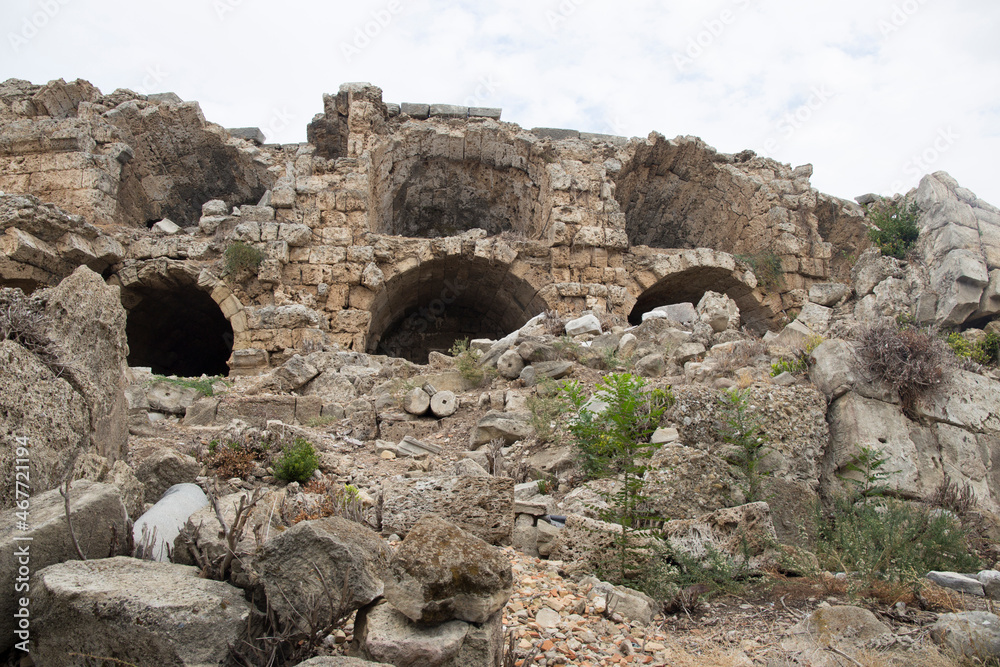 The ruined walls of ancient Side  city Turkey