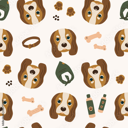 Vector seamless pattern with dogs with Cavalier King Charles Spaniel. Can be used as a background, wallpaper, fabric and for other design.