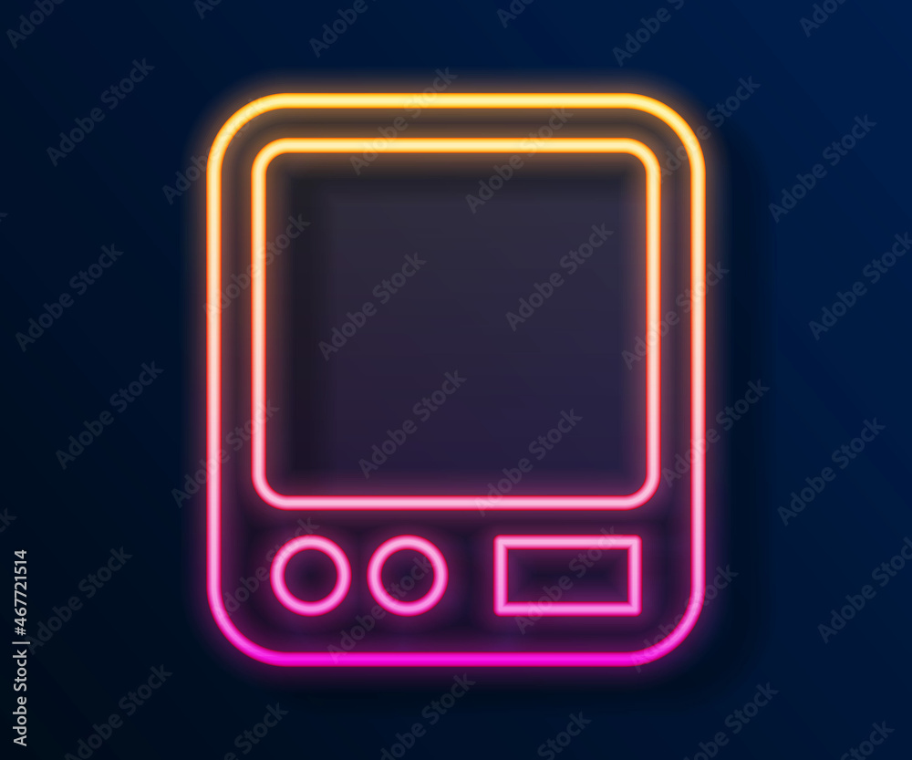 Glowing neon line Electronic coffee scales icon isolated on black background. Weight measure equipment. Vector