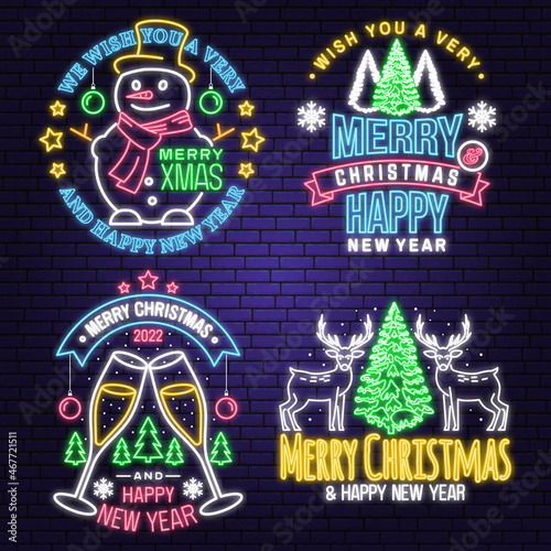 Set of Merry Christmas and Happy New Year neon sign with elk  snowman  forest landscape  glasses of champagne . Vector. Vintage design for xmas  new year emblem.