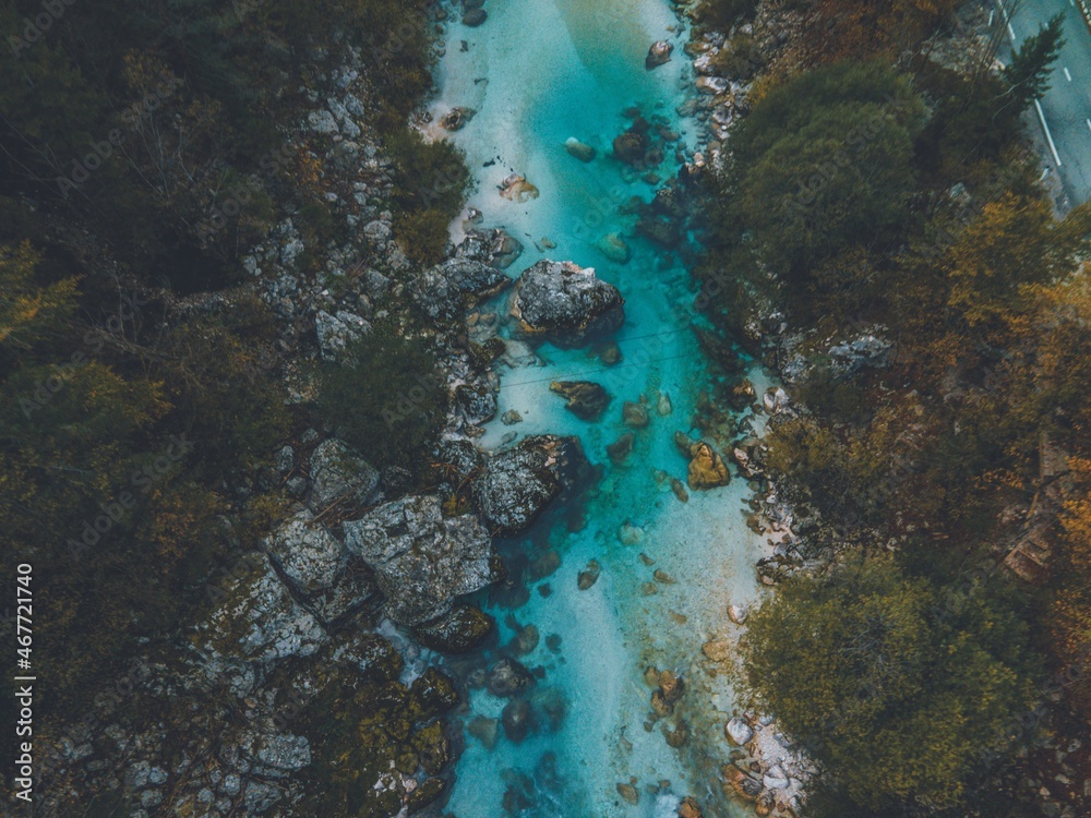 Drone views of the Soča River in Slovenia