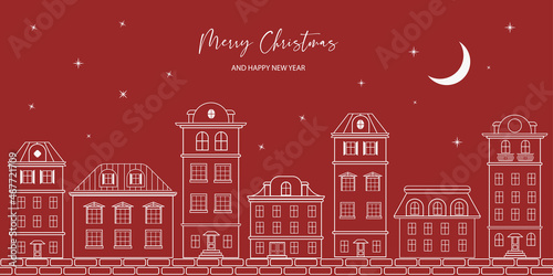 Snowy night in a cozy Christmas panorama of the city on a red background.