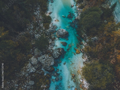 Drone views of the Soča River in Slovenia © chemistkane