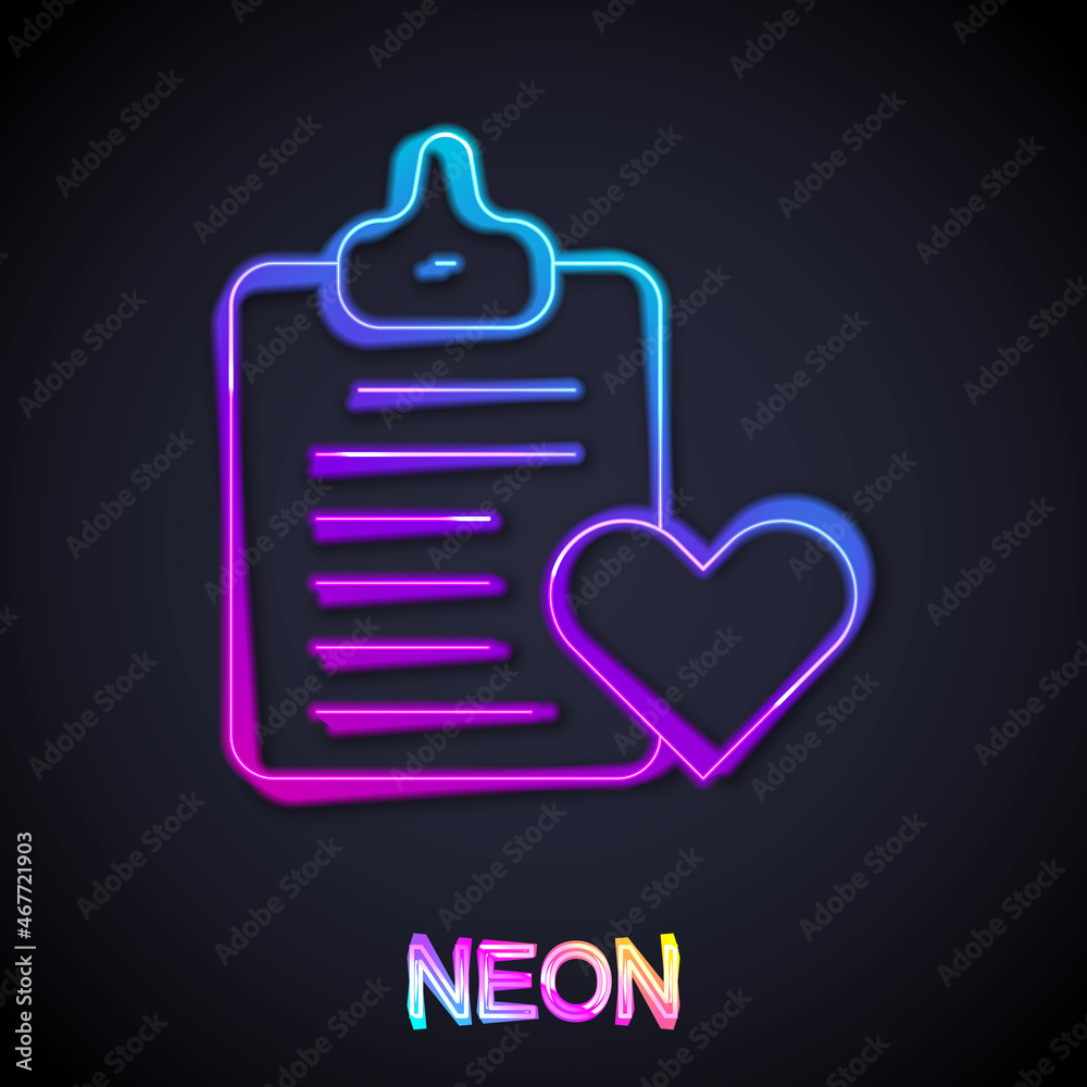 Glowing neon line Medical clipboard with clinical record icon isolated on black background. Prescription, medical check marks report. Vector Glowing neon line Medical clipboard with clinical record icon isolated on black background. Prescription, medical check marks report. Vector