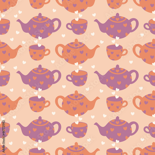 Vector seamless pattern with teapots  cups and hearts. Design in cartoon style.