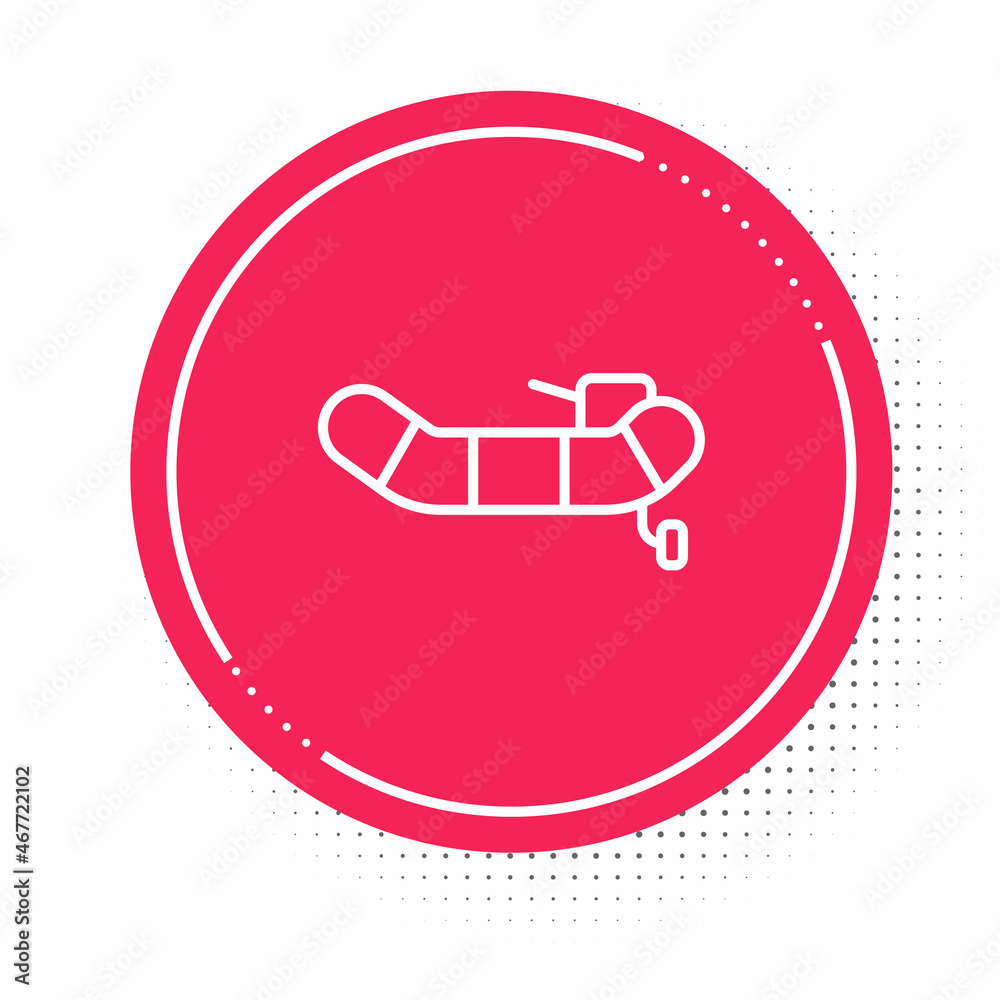 White line Inflatable boat with outboard motor icon isolated on white background. Red circle button. Vector