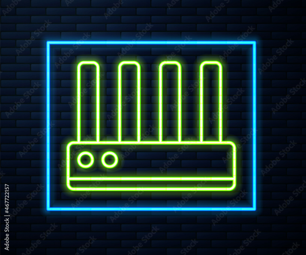 Glowing neon line Router and wi-fi signal icon isolated on brick wall background. Wireless ethernet modem router. Computer technology internet. Vector Glowing neon line Router and wi-fi signal icon isolated on brick wall background. Wireless ethernet modem router. Computer technology internet. Vector