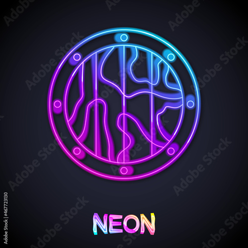 Fototapeta Naklejka Na Ścianę i Meble -  Glowing neon line Round wooden shield icon isolated on black background. Security, safety, protection, privacy, guard concept. Vector