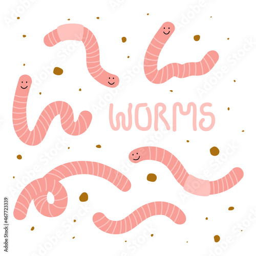 Collection of cute worms with smiling faces a hand-drawn text - Worms. Vector illustration, isolated on white.