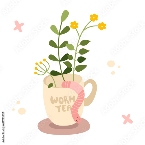 Illustration of a cup with flowers and a worm creeping out of the cup. Text on the cup - worm tea. Cute picture illustrating worm tea - a product of vermicomposting.