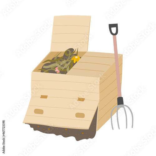 Compost box with a pitchfork. Flat vector illustration