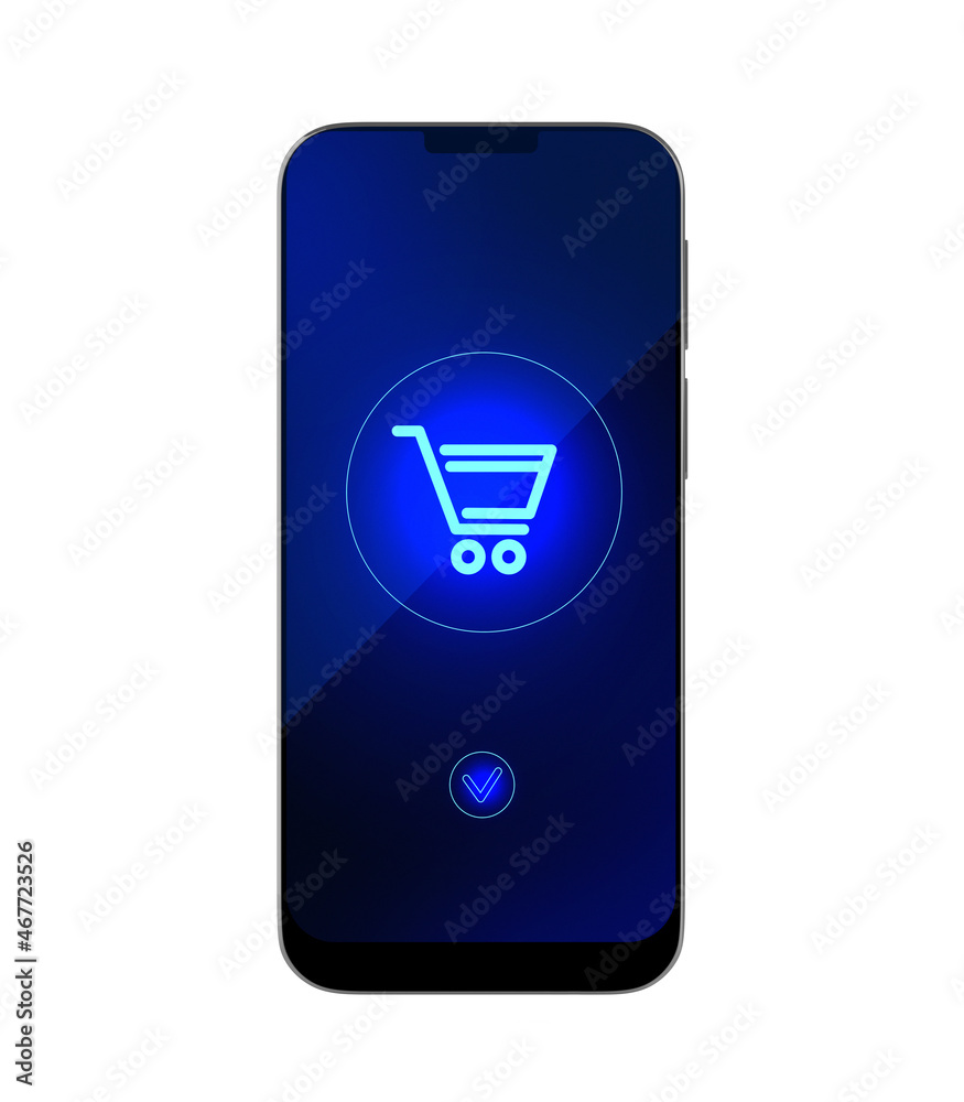 Mobile phone concept 3D render. Isolated on white background with online shopping cart icon. 3D illustration Mobile phone concept 3D render. Isolated on white background with online shopping cart icon. 3D illustration
