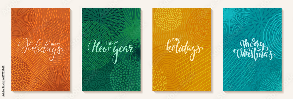 happy holidays Hand drawn brush pen lettering text on doodle background with scribble circles. design happy holiday greeting card and invitation of Merry Christmas and happy new year - obrazy, fototapety, plakaty 