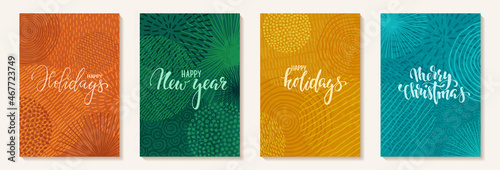 happy holidays Hand drawn brush pen lettering text on doodle background with scribble circles. design happy holiday greeting card and invitation of Merry Christmas and happy new year