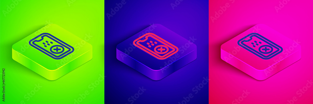 Isometric line Taxi mobile app icon isolated on green, blue and pink background. Mobile application taxi. Square button. Vector Isometric line Taxi mobile app icon isolated on green, blue and pink background. Mobile application taxi. Square button. Vector