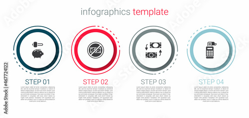 Set Piggy bank and hammer, No money, Money exchange and Cash register machine. Business infographic template. Vector