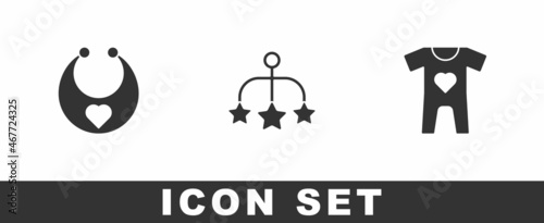Set Baby bib, crib hanging toys and clothes icon. Vector