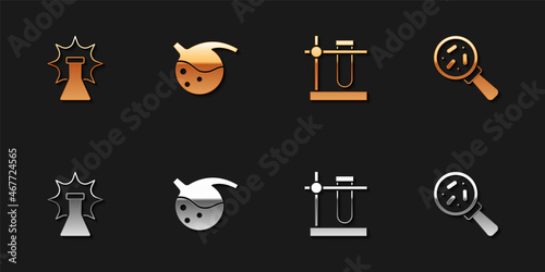 Set Chemical explosion, Test tube and flask, stand and Microorganisms under magnifier icon. Vector