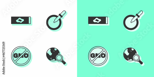 Set Magnifying glass with globe, Blood test and virus, No GMO and Petri dish pipette icon. Vector