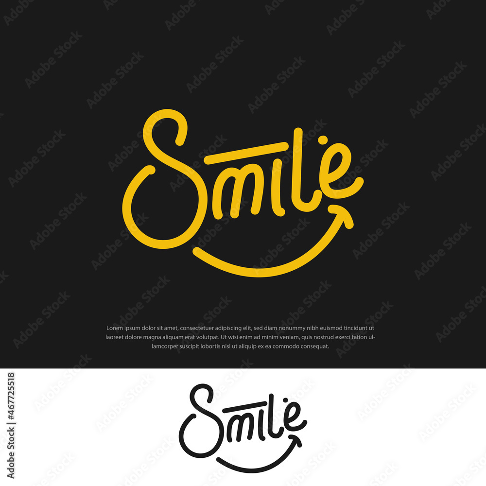 Hand drawn yellow typography smile logo on dark and white background vector illustration Hand drawn yellow typography smile logo on dark and white background vector illustration