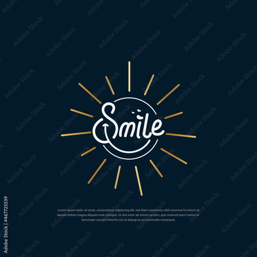 Fototapeta premium smile logo typography hand drawn sunshine vector illustration. Banner, logo, label, post, poster, sticker, tag or badge handwritten smile
