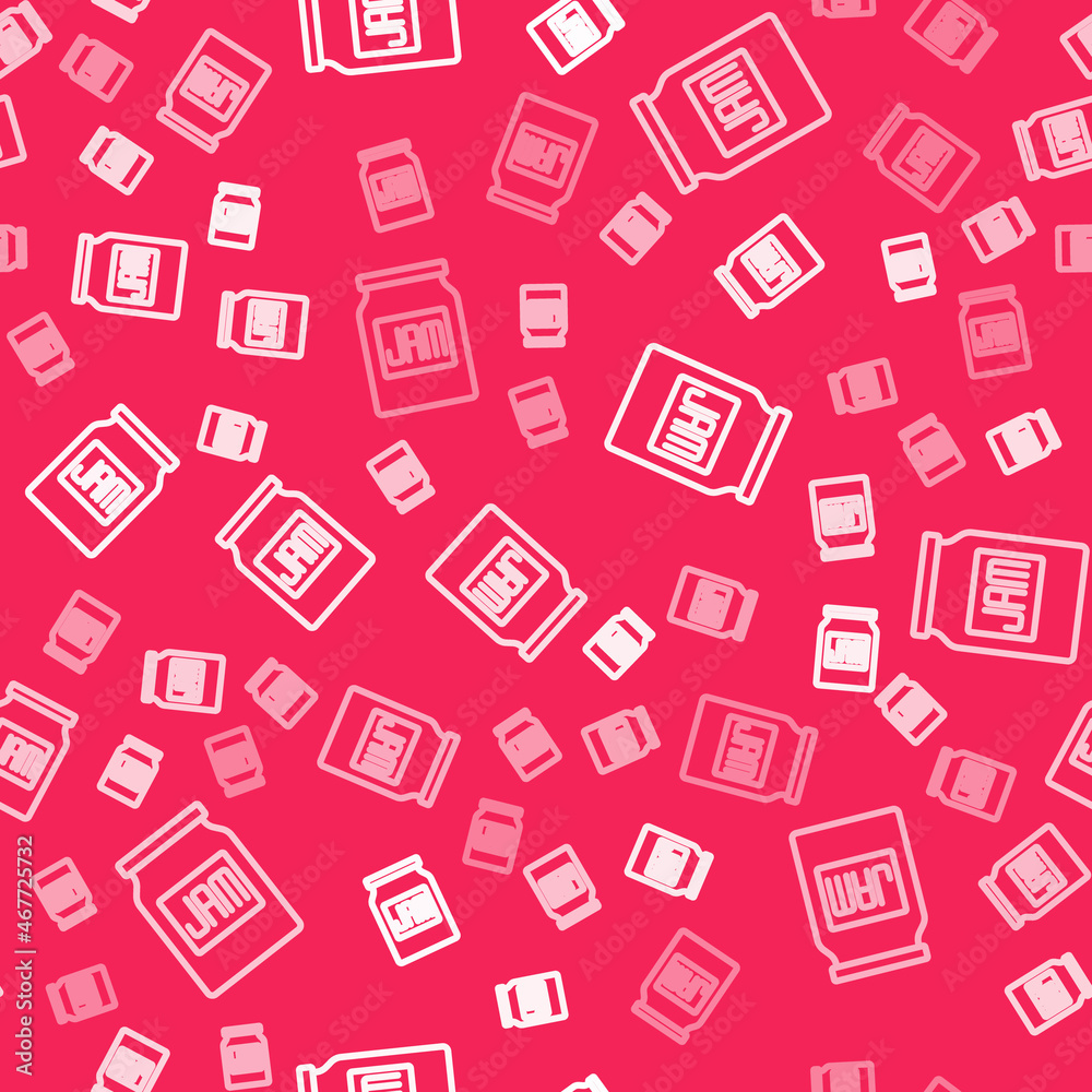 White line Jam jar icon isolated seamless pattern on red background. Vector White line Jam jar icon isolated seamless pattern on red background. Vector