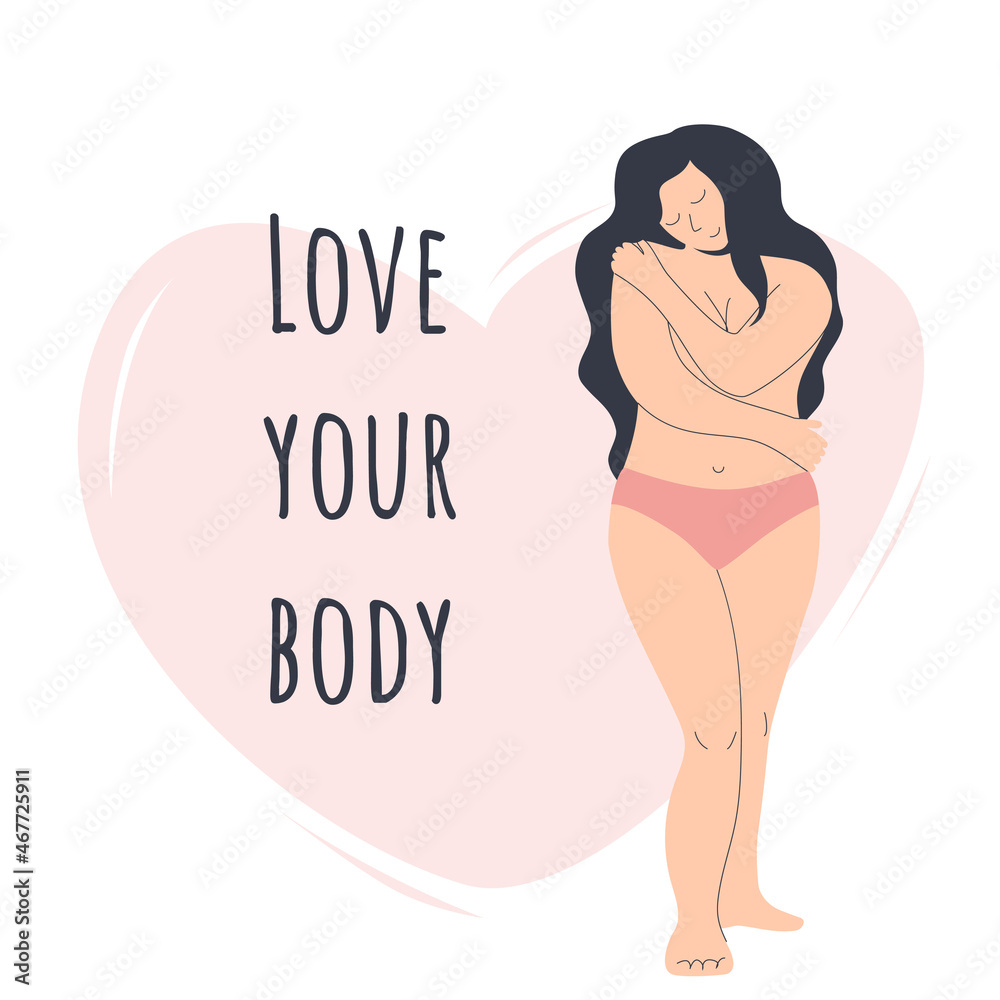 Body positive. A large-sized woman hugs herself. Happy overweight girl in vector hand-drawn style. Love your body