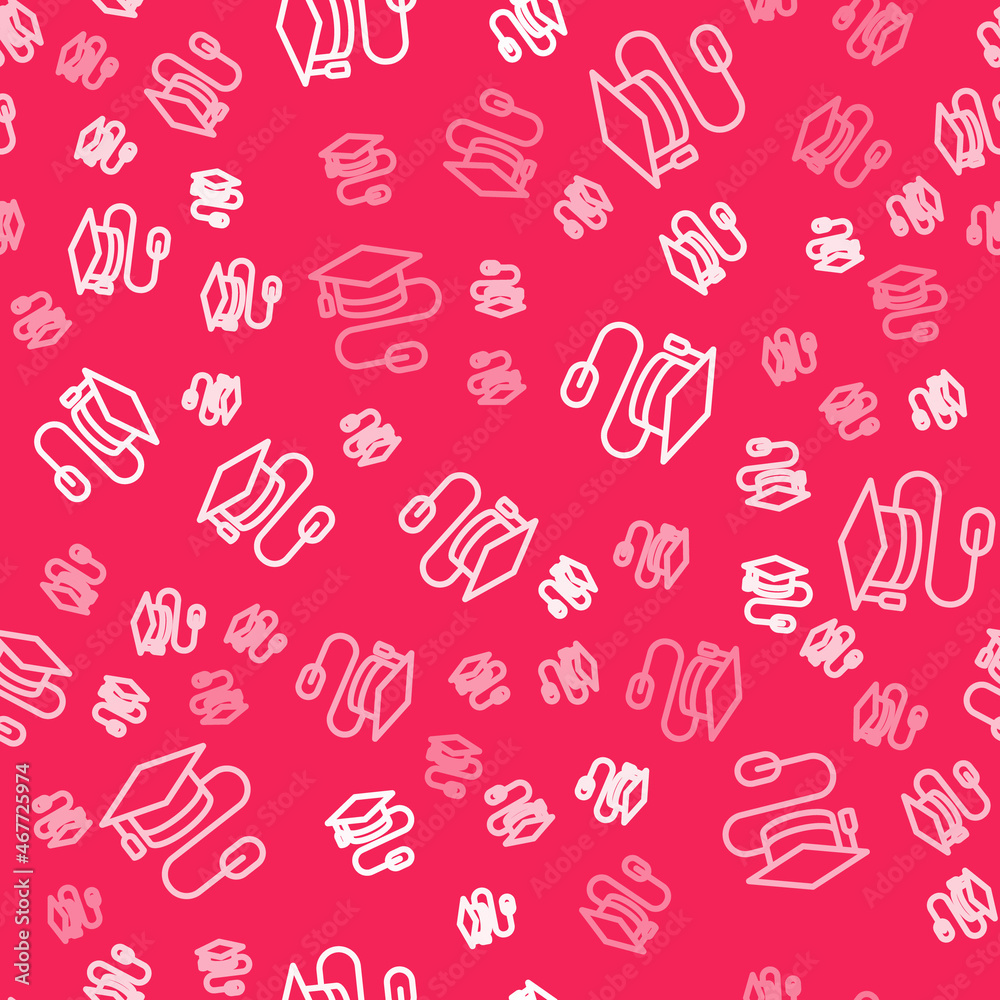 White line Graduation cap with mouse icon isolated seamless pattern on red background. World education symbol. Online learning or e-learning concept. Vector White line Graduation cap with mouse icon isolated seamless pattern on red background. World education symbol. Online learning or e-learning concept. Vector