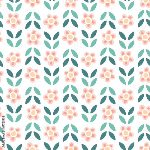 Sweet cute pink hand-drawn seamless floral pattern on white background
