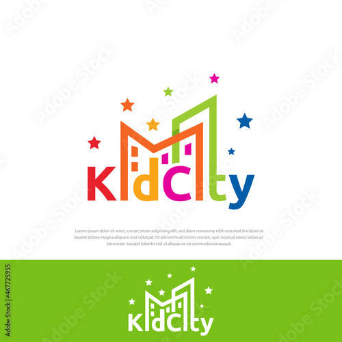 Kids city vector logo design element, colorful city decorated with stars