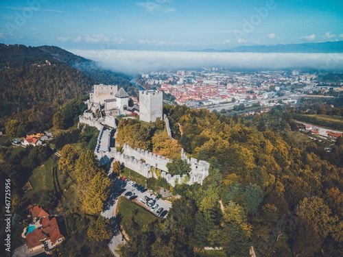 Drone view of Celje castle in Slovenia photo