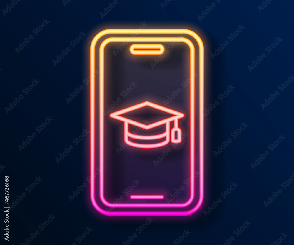 Glowing neon line Graduation cap on screen smartphone icon isolated on black background. Online learning or e-learning concept. Vector Glowing neon line Graduation cap on screen smartphone icon isolated on black background. Online learning or e-learning concept. Vector