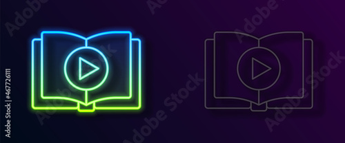 Glowing neon line Audio book icon isolated on black background. Play button and book. Audio guide sign. Online learning concept. Vector