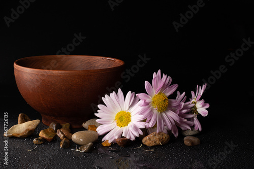 Beautiful flowers  ceramic ware and space for text on a black background