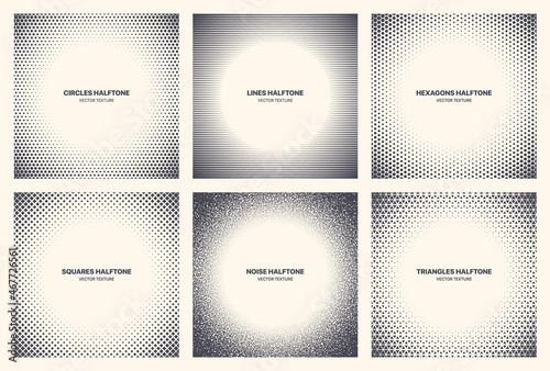 Different Variations Halftone Circle Frame Set Vector Abstract Geometric Patterns Isolated On White Background. Various Half Tone Texture Collection Circles Lines Noise Squares Hexagons Triangles